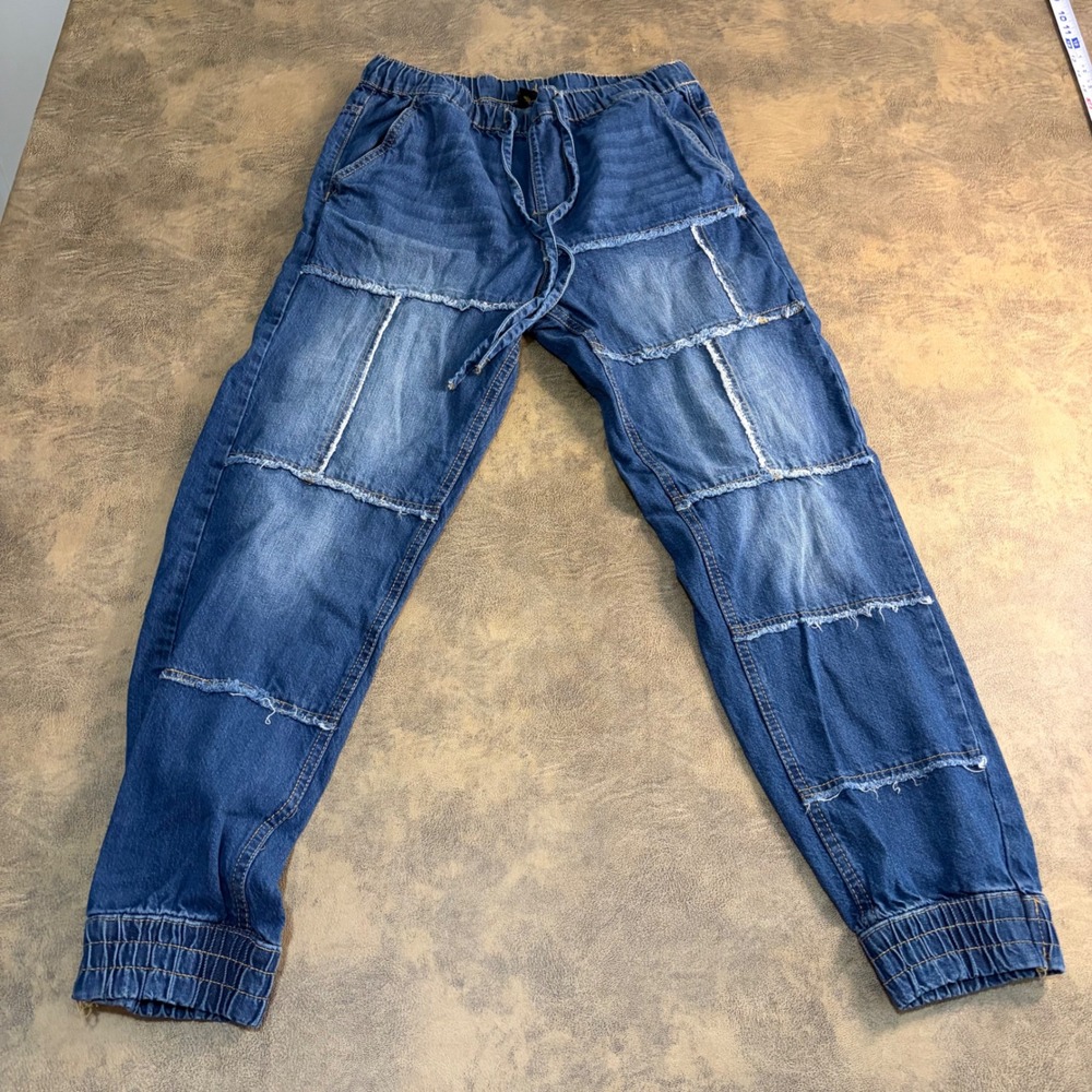 Indigo Rein Denim Joggers Womens Medium Blue Patchwork Raw Edge Drawstring 4357